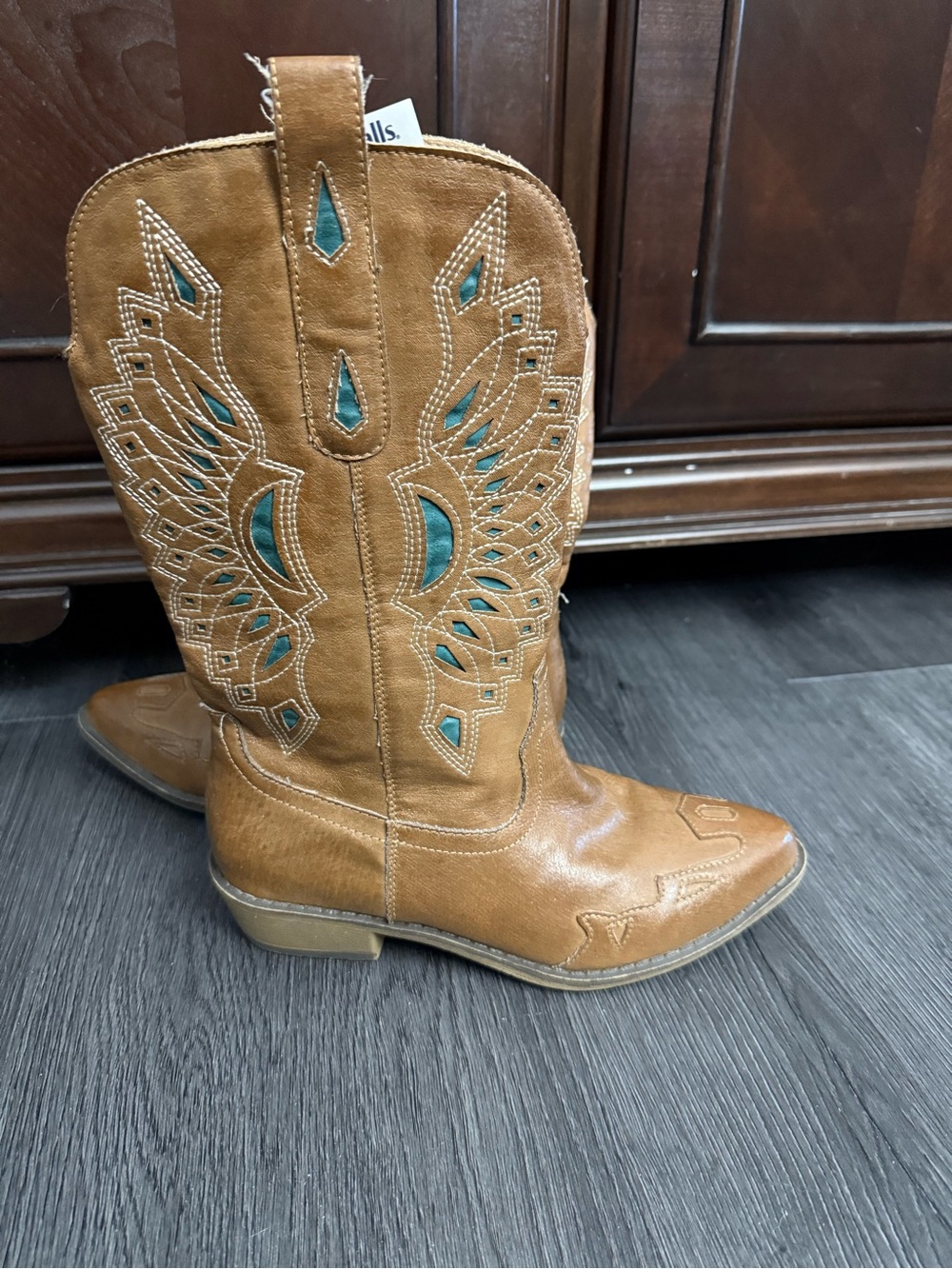 Brown Western Cowboy Boots with Teal Inset Stitching
